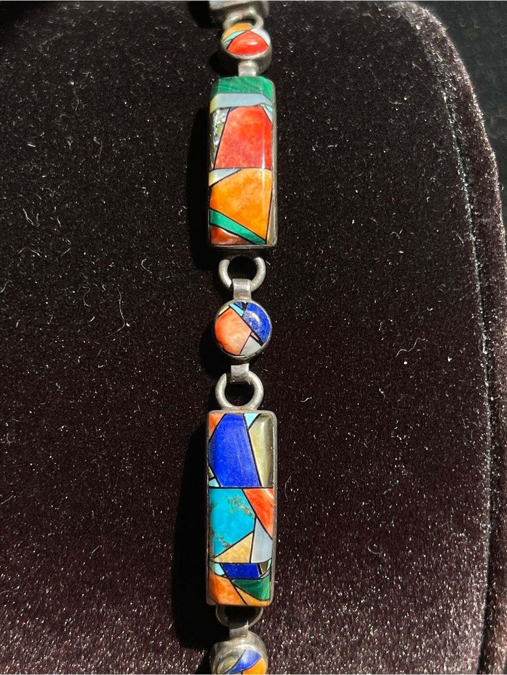 Vintage Navajo Lee Brown Sterling Silver Multi-Stone Channel Inlay Link Bracelet